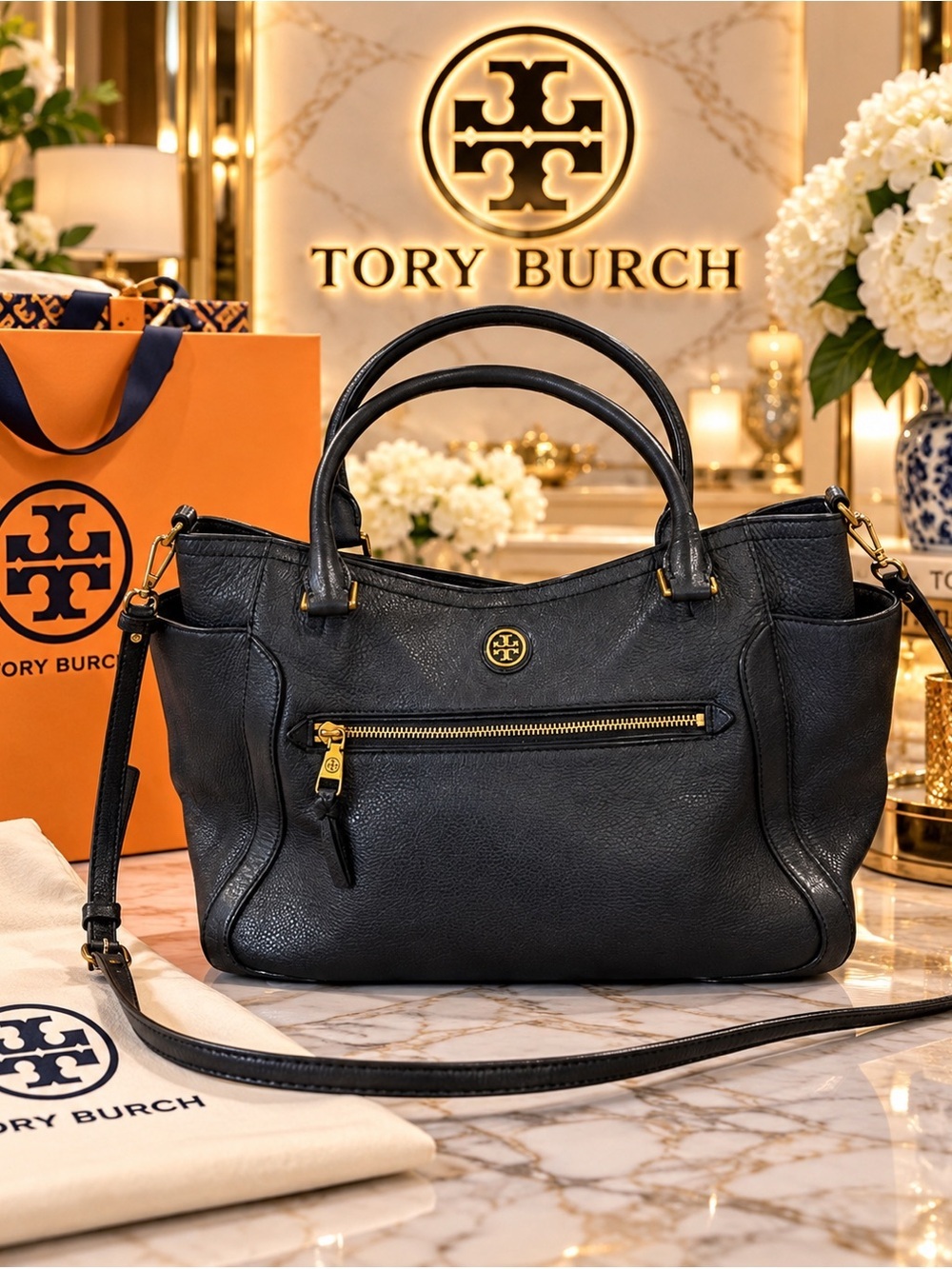 Tory Burch Black Pebbled Leather Satchel with Gold Accents